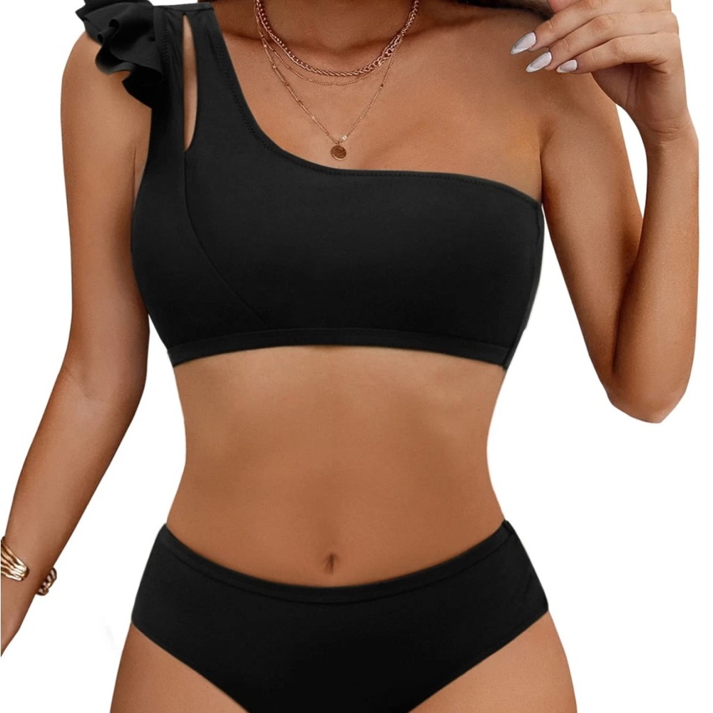 NWT ATHMILE Black Bathing Suit Bikini 2 Piece Shoulder Ruffle